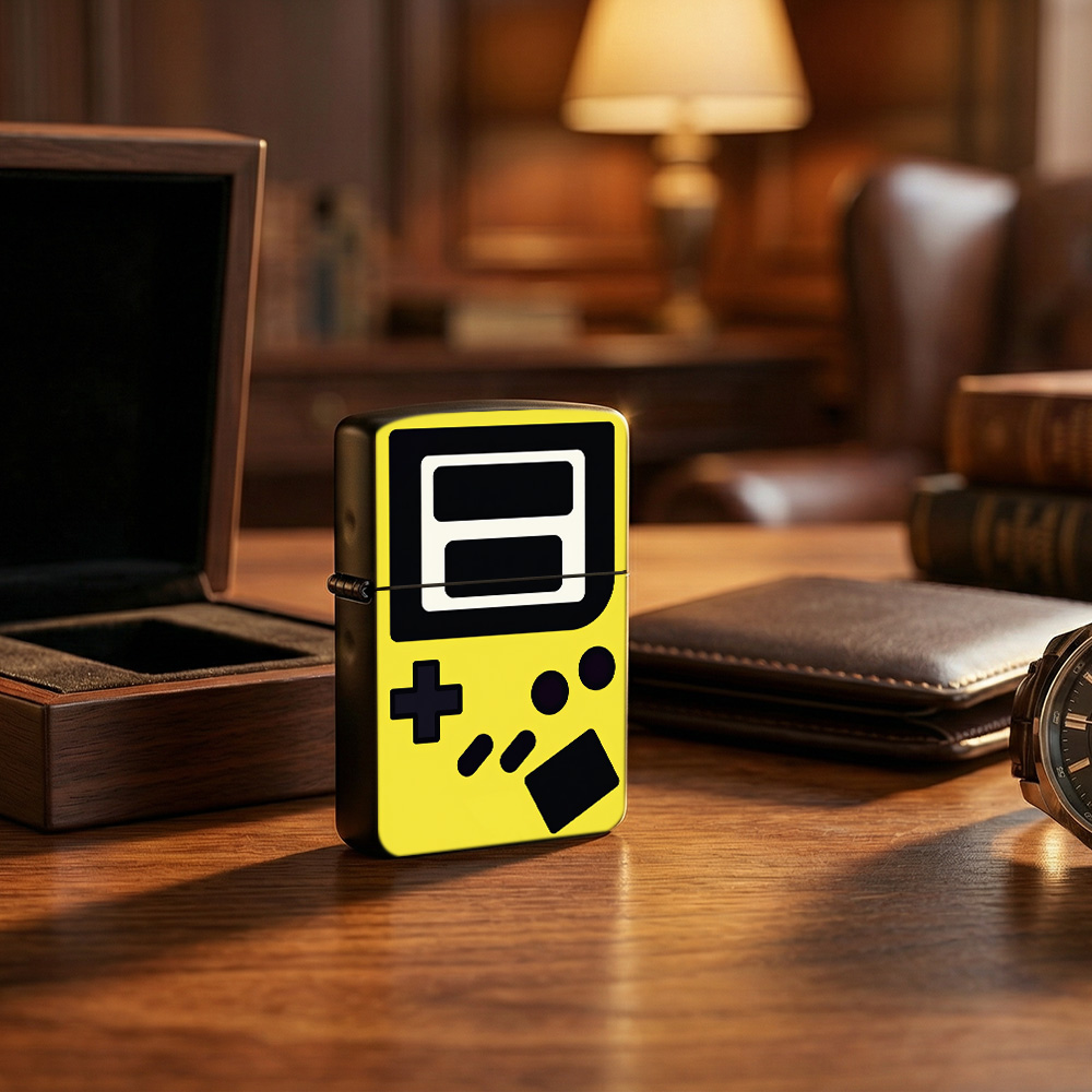 Retro.Gaming Console Yellow - レトロゲームフリップトップライター、ヴィンテージ黄色の携帯型ゲーム機、ミニマリストアートプリント柄の喫煙者向けライター